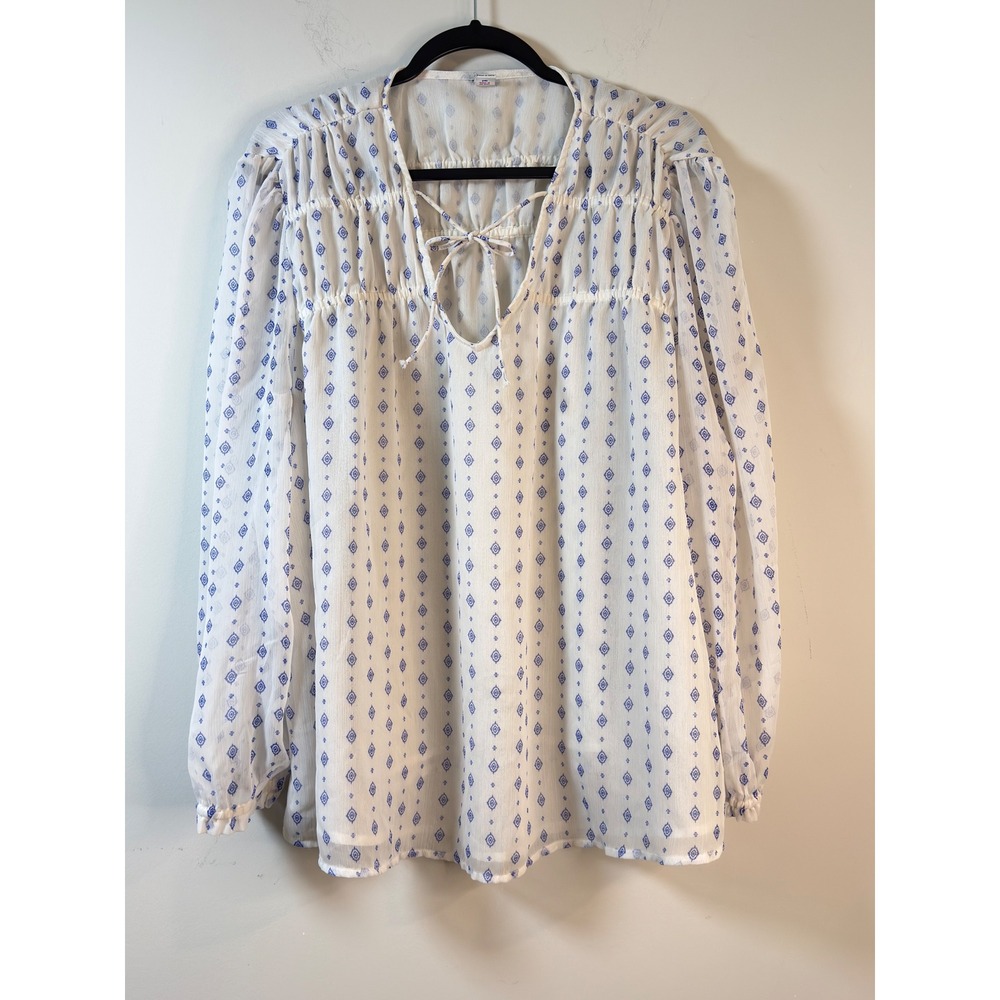 Old Navy Chiffon Blouse White Blue Geometric Boho Tie Neck Women XL